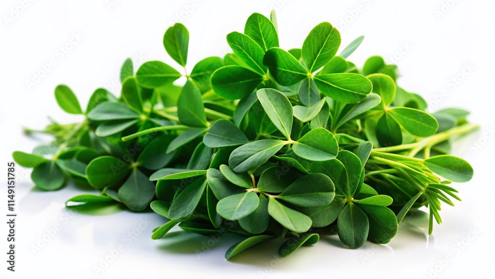 Lush Green Fenugreek Leaves Isolated on White Background - Long Exposure Photography Lush Green Fenugreek Leaves Isolated on White Background - Long Exposure Photography