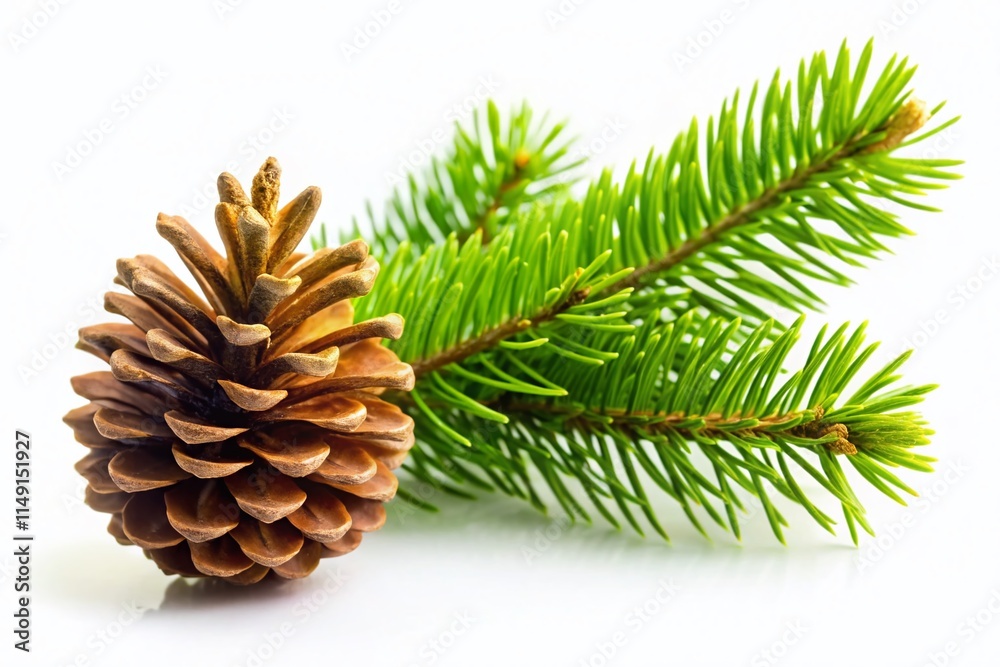 Lush Green Fir Branch with Pine Cone, Isolated on White - Stock Photo Lush Green Fir Branch with Pine Cone, Isolated on White - Stock Photo