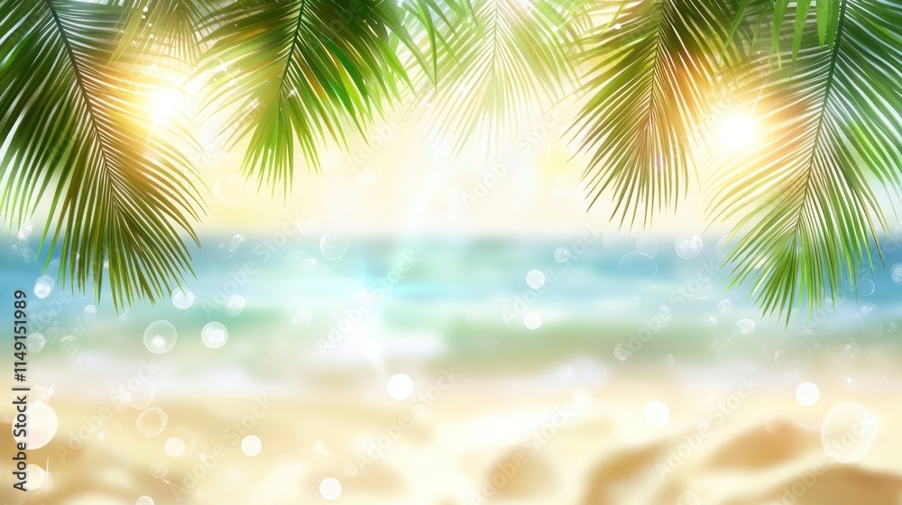 Tropical beach scene with palm leaves and ocean. Tropical beach scene with palm leaves and ocean.