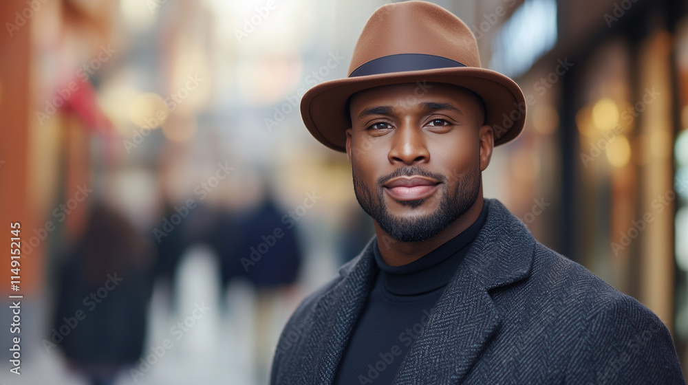 confident man wearing brown hat and stylish coat in city setting, exuding charm and sophistication. confident man wearing brown hat and stylish coat in city setting, exuding charm and sophistication.