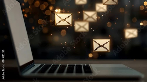 Exploring the digital communication era with floating envelopes near a laptop