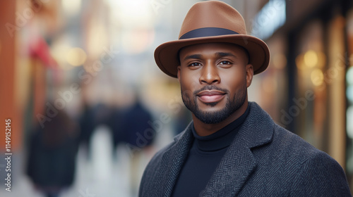 confident man wearing brown hat and stylish coat in city setting, exuding charm and sophistication.