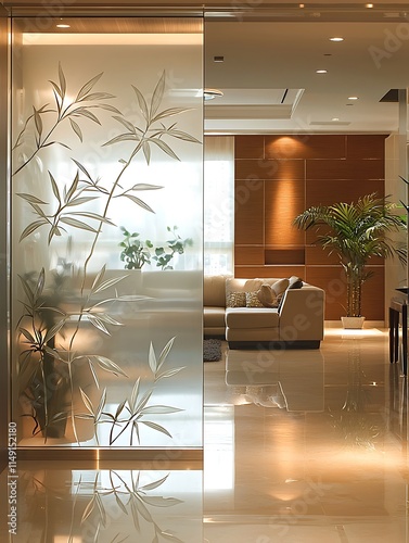 Glass panel divider with nature-inspired etched designs, dividing a modern living room and office. photo