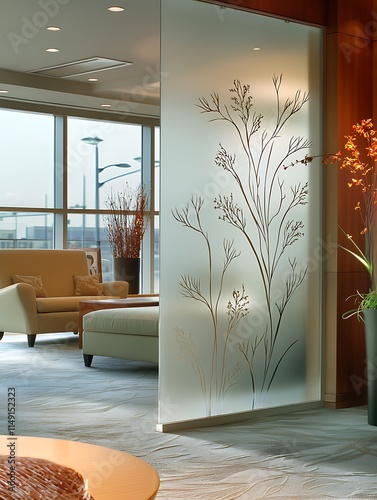 Glass panel divider with nature-inspired etched designs, dividing a modern living room and office.