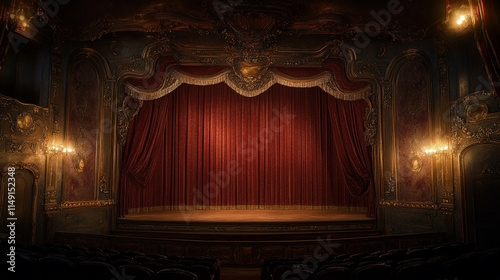 Grand theater stage with rich red curtains and ornate decorations at night. 