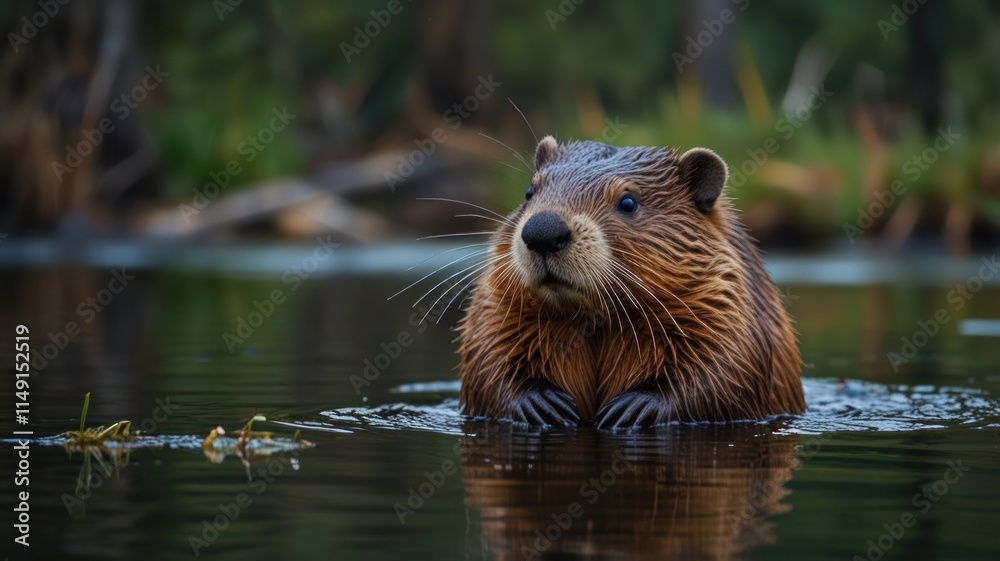 Beaver in tranquil water of a forest stream. Beaver in tranquil water of a forest stream.