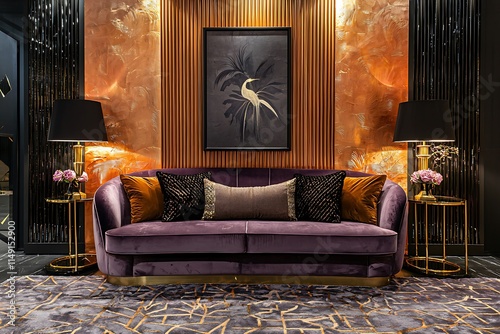 Gold-accented floor lamps flanking a velvet sofa in a high-end, art-deco-inspired lounge photo