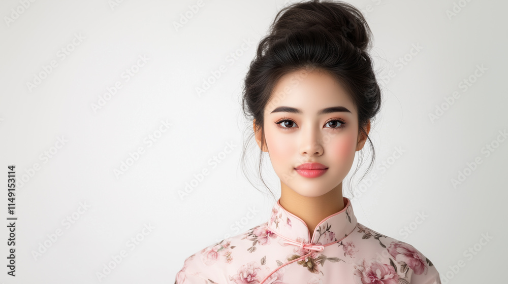 Elegant Chinese woman in floral dress with serene expression. Elegant Chinese woman in floral dress with serene expression.
