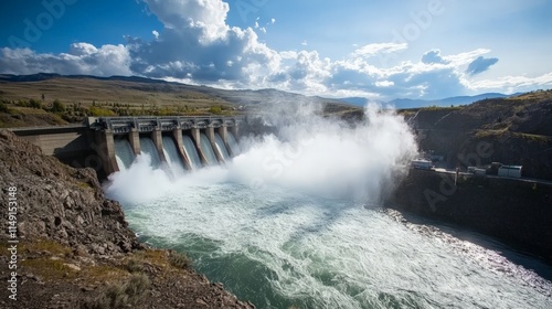 Wide Angle Shot of Hydroelectric Dam with Cascading Water photo