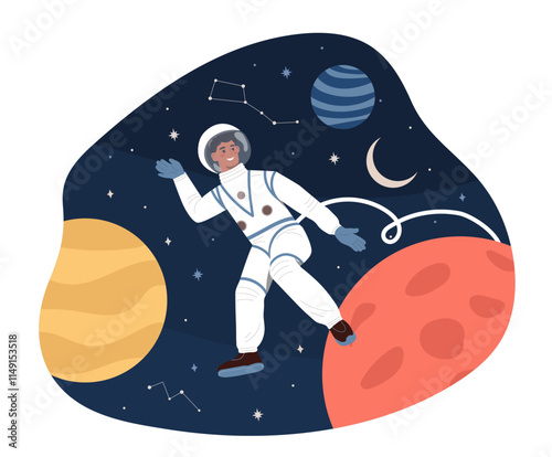 A cosmonaut or astronaut in outer space. A man in a spacesuit against the background of planets and stars. Galaxy and universe researching. Cartoon flat vector illustration