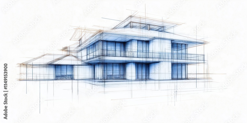 Architectural sketch of modern house design. Exterior view shows multi-level structure with balconies, windows. Drawing style suggests contemporary suburban home. Blueprint design details like Architectural sketch of modern house design. Exterior view shows multi-level structure with balconies, windows. Drawing style suggests contemporary suburban home. Blueprint design details like