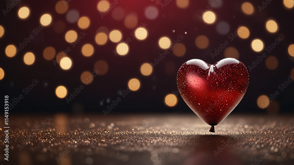Red background with glitter and heart-shaped bokeh, featuring a floating red balloon. A minimal, romantic setup perfect for festive celebrations Red background with glitter and heart-shaped bokeh, featuring a floating red balloon. A minimal, romantic setup perfect for festive celebrations