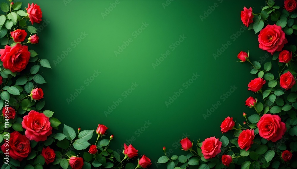 Arbusto de rosas rojas en forma de arco natural con fondo verde y espacio para texto, ideal para San Valentín. Arbusto de rosas rojas en forma de arco natural con fondo verde y espacio para texto, ideal para San Valentín.