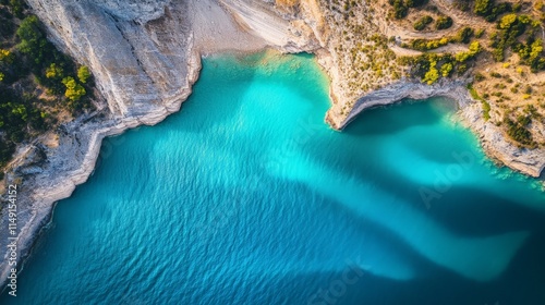 Vibrant Blue Reservoir Against Dry Landscape photo