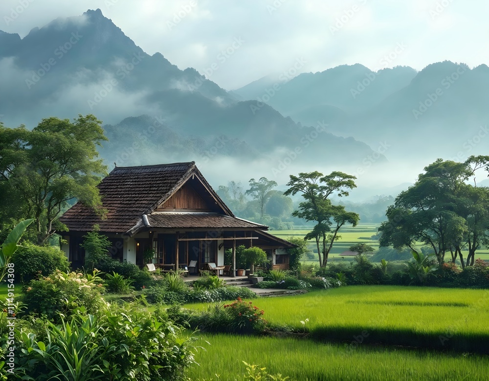 A charming wooden chalet sits amidst a vibrant green rice paddy, surrounded by lush tropical greenery and misty mountains. A charming wooden chalet sits amidst a vibrant green rice paddy, surrounded by lush tropical greenery and misty mountains.
