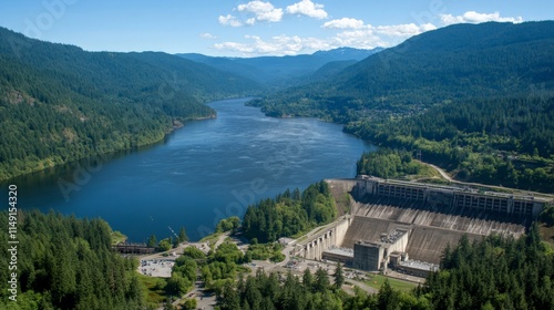 Scenic View of a Hydroelectric Dam and Converging Rivers photo