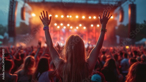 People enjoying music festival concert at night. Large crowd raise arms. Stage lights shine bright. Summer vibes. Festival atmosphere. Music fans happy. Nighttime event. Outdoor concert. Crowd photo