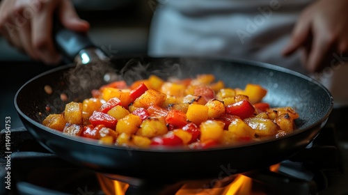 Colorful vegetables sautéing in a pan, creating a flavorful dish.