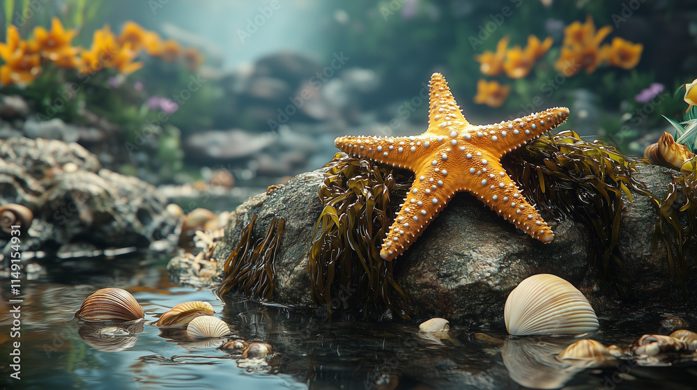 A starfish sitting atop a rock covered with seaweed, surrounded by small tidal pools and shells, natural lighting emphasizing the vibrant colors and textures, serene coastal setting A starfish sitting atop a rock covered with seaweed, surrounded by small tidal pools and shells, natural lighting emphasizing the vibrant colors and textures, serene coastal setting
