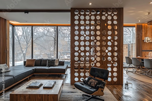 Hybrid wooden and glass divider with etched patterns, creating a natural and artistic division between a modern living room and reading nook. photo