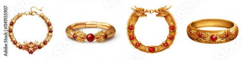 Chinese Lunar New Year. Elegant gold jewelry featuring intricate designs and red gemstones.