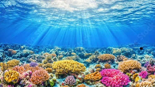 Fototapeta Naklejka Na Ścianę i Meble -  Vibrant coral reef underwater scene with sunbeams.