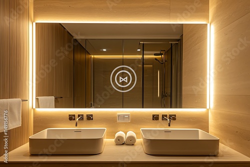 LED strip lighting framing a large bathroom mirror in a high-end residential suite