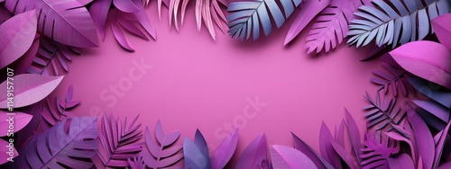 Neon background frame palm tropic purple jungle summer light plant. Party leaf neon frame background glow leaves poster design dark square color abstract tropical nature cyberpunk retro bright floral photo