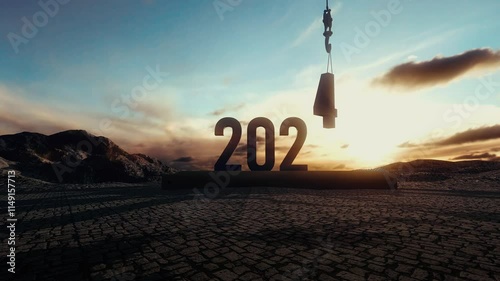 The end of the year 2024 and the start of 2025. Animation of a crane's hook changing the number of the year