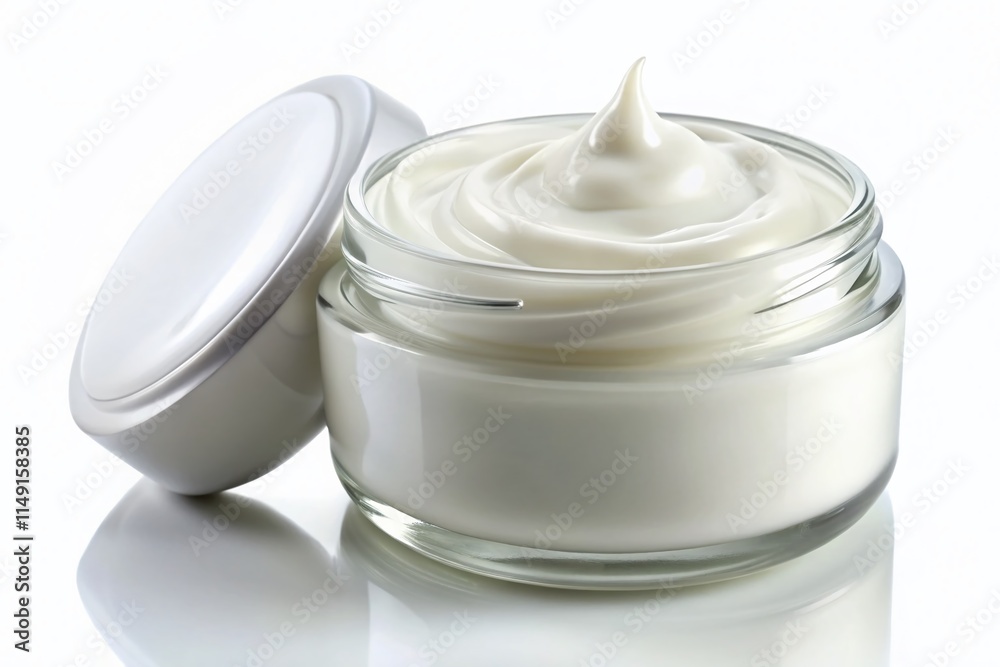 Luxurious Creamy Face Cream in Jar, Close-up Panoramic White Background - Skincare Product Photography Luxurious Creamy Face Cream in Jar, Close-up Panoramic White Background - Skincare Product Photography