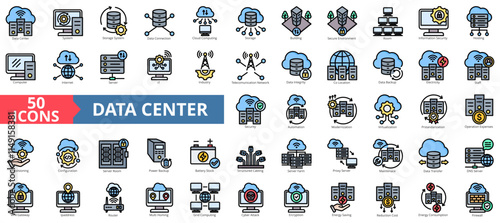 Data center icon collection set. Containing cloud computing, security, hosting, computer, internet, server, information technology icon. Simple flat vector illustration