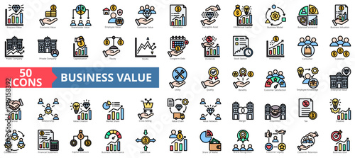 Business value icon collection set. Containing economic,shareholder,employee,customer,monetary,equity,profitability icon. Simple flat vector illustration