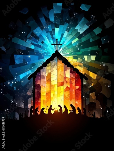 Nativity Scene in Stained Glass Style.