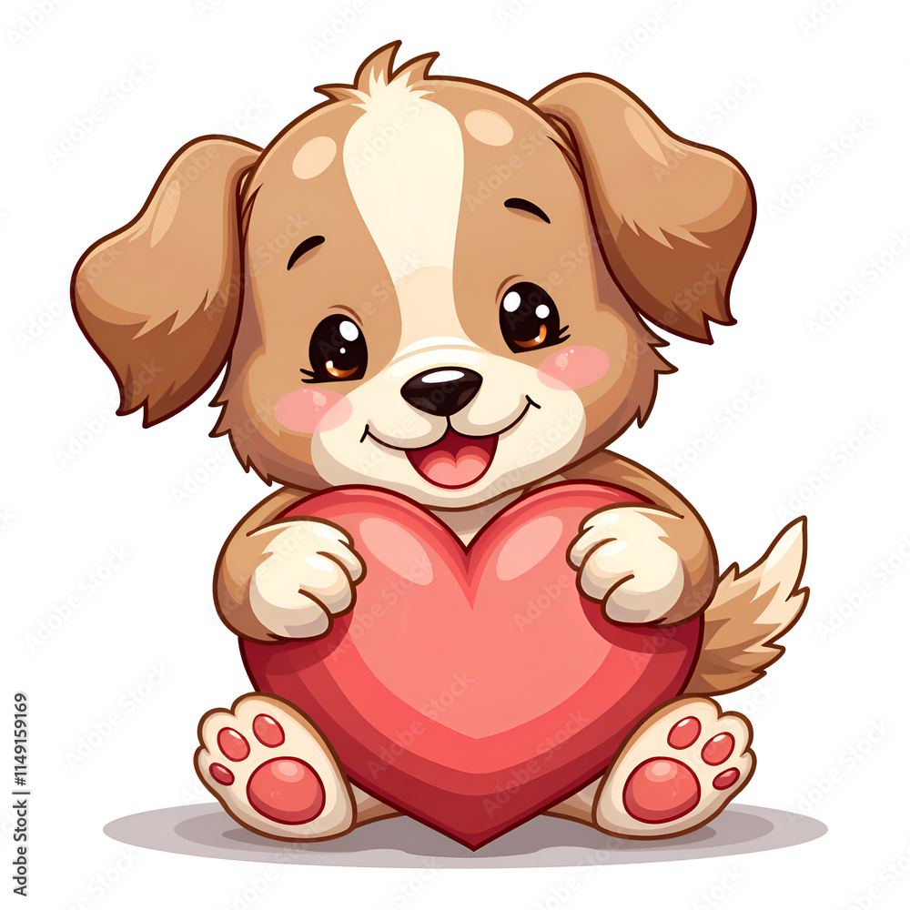 Obraz premium Adorable cartoon dog holding a heart in a playful pose for love themed illustrations, digital art of character design concept.