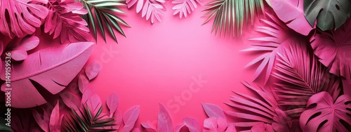 Background pink summer leaf palm frame floral plant design abstract. Tropic pink summer background spring beach flower leaves pattern jungle green art watercolor gold tree boho exotic white banner.