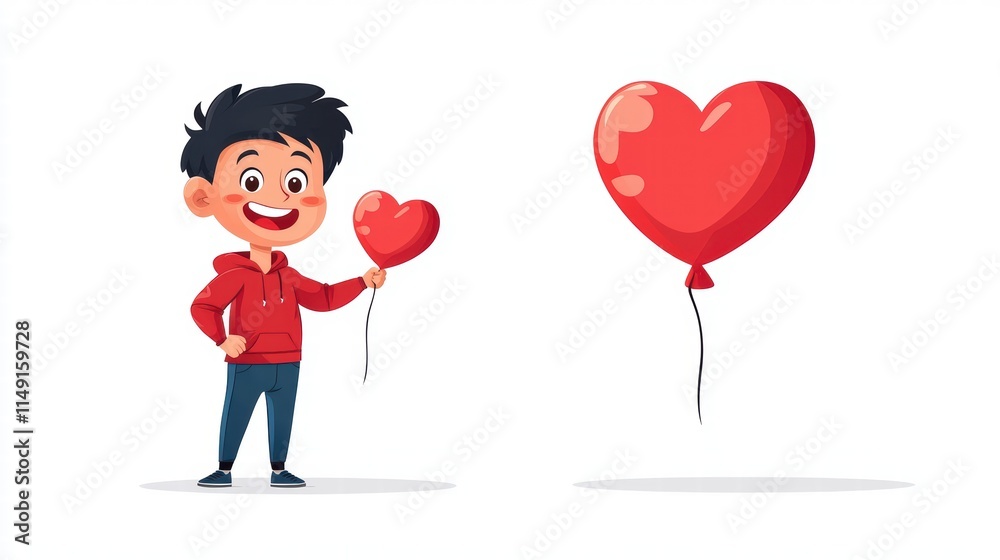 Joyful kid with heart balloon cartoon style colorful background playful vibe cheerful perspective love concept Joyful kid with heart balloon cartoon style colorful background playful vibe cheerful perspective love concept