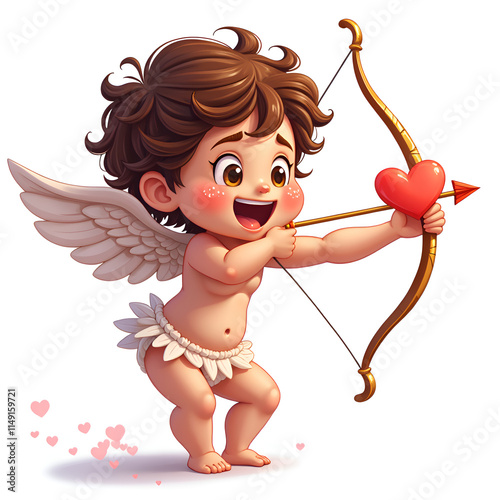 Playful cherub aiming cupid s bow with hearts in the air  a whimsical scene of love and joy, digital art of character design concept. photo