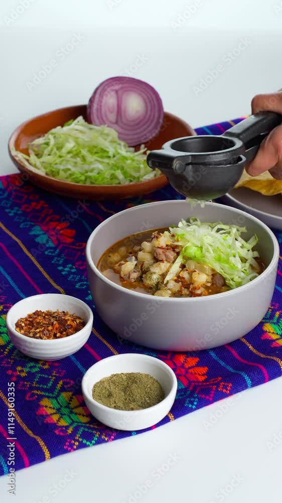Vertical video, Mexican food, Pozole rojo, a Mexican woman squeezes lemon juice over a bowl of red pozole Vertical video, Mexican food, Pozole rojo, a Mexican woman squeezes lemon juice over a bowl of red pozole