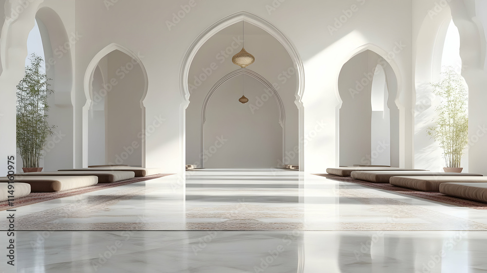 A serene interior space with arched architecture, minimal decor, and natural light. A serene interior space with arched architecture, minimal decor, and natural light.
