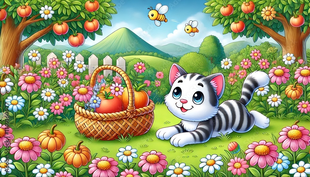 Fototapeta premium a cute cat playing in the flower garden 