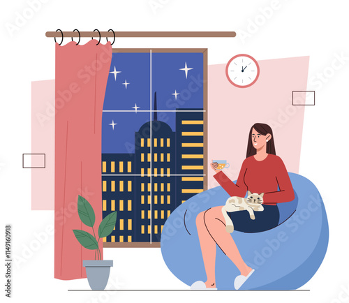 Vector illustration of a woman relaxing on a bean bag chair at night, holding a drink with a cat on her lap. The cityscape is visible through the window, creating a cozy and peaceful atmosphere