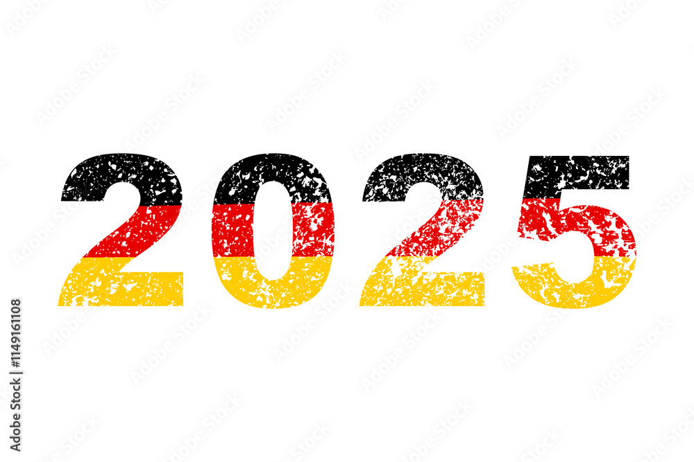 The new year 2025 with the Germany flag, grunge vintage number 2025 isolated on white background, vector illustration. The new year 2025 with the Germany flag, grunge vintage number 2025 isolated on white background, vector illustration.
