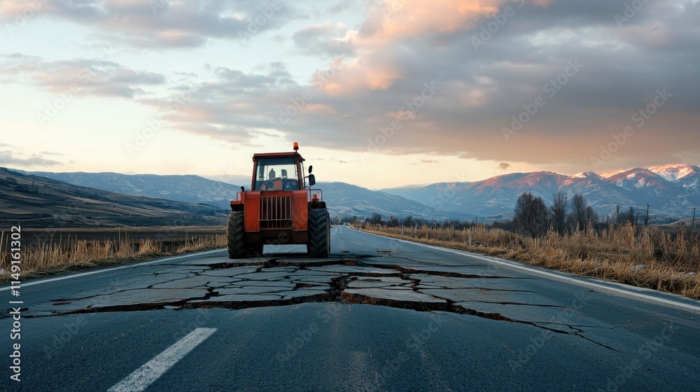 A red tractor stands on a cracked road surrounded by mountains under a dramatic sky, highlighting rural life and road conditions.