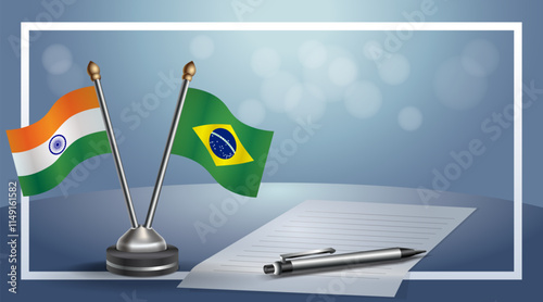 India and Brazil National flags on small table with bokeh background, cooperative relationship