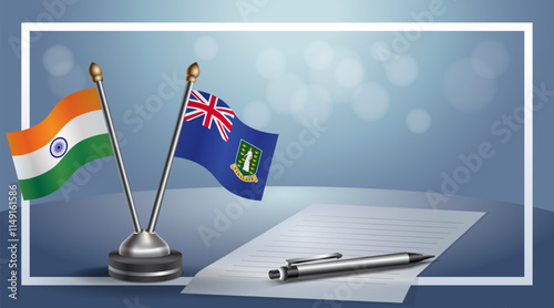 India and British Virgin Islands National flags on small table with bokeh background, cooperative relationship