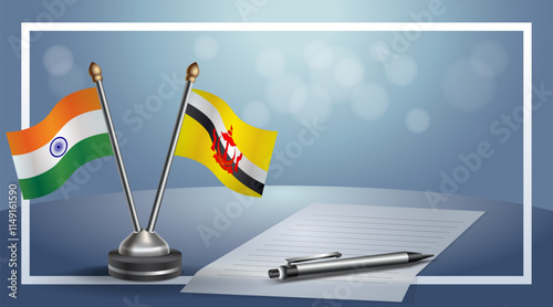 India and Brunei National flags on small table with bokeh background, cooperative relationship