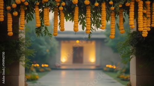 Vibrant yellow marigold flower toran hangs above decorated entrance. Mango leaves decorate toran. Softly glowing courtyard with lights in background. Traditional Indian festival Diwali. Copy space photo