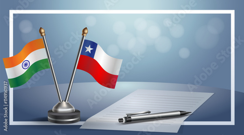 India and Chile National flags on small table with bokeh background, cooperative relationship