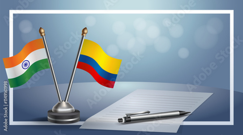 India and Colombia National flags on small table with bokeh background, cooperative relationship