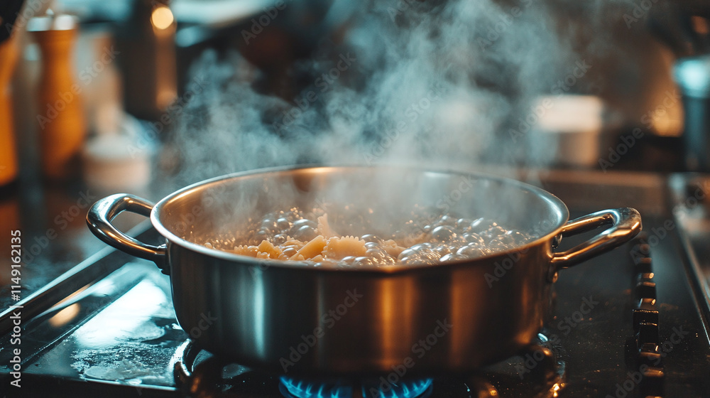 Hot boiling water in pot, cooking pasta in a kitchen, background of a traditional italian meal preparation, closeup of the fresh and tasty food culinary process on a stove. Hot boiling water in pot, cooking pasta in a kitchen, background of a traditional italian meal preparation, closeup of the fresh and tasty food culinary process on a stove.